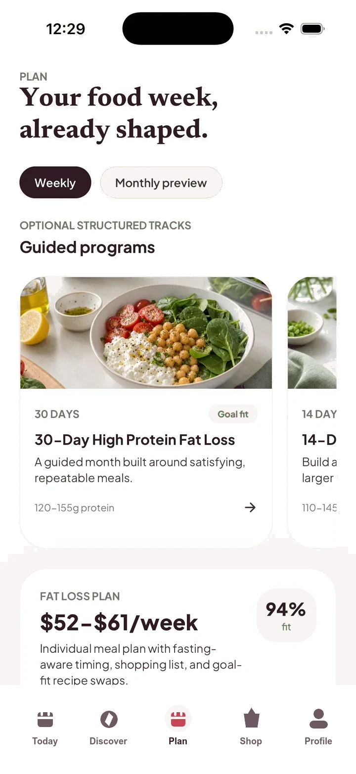 Raso weekly planner showing a personalized food week