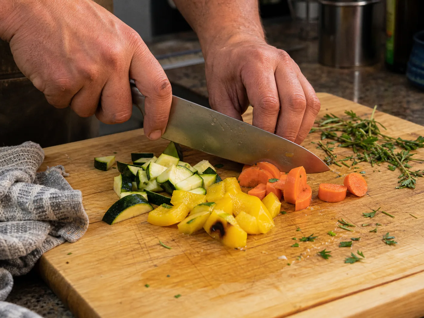 Hands chopping vegetables on a home kitchen counter