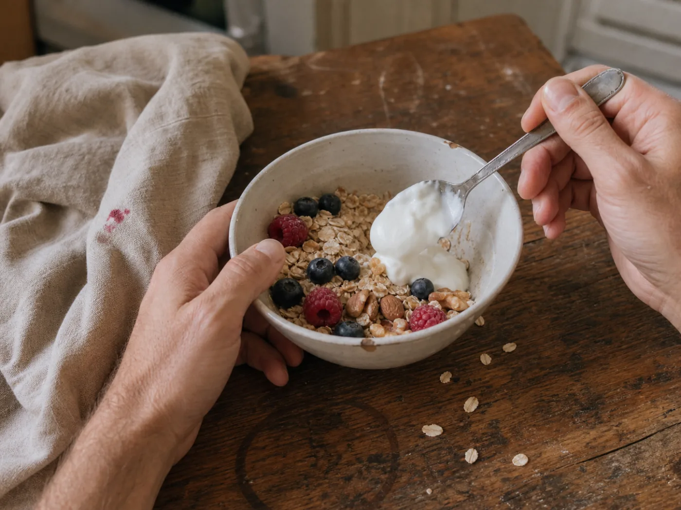 Breakfast ingredients being finished at a kitchen counter