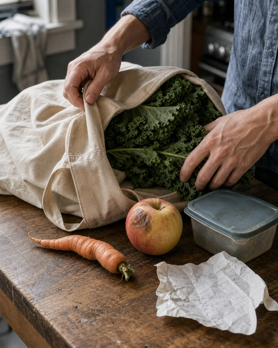 Hands unpacking everyday groceries in a home kitchen