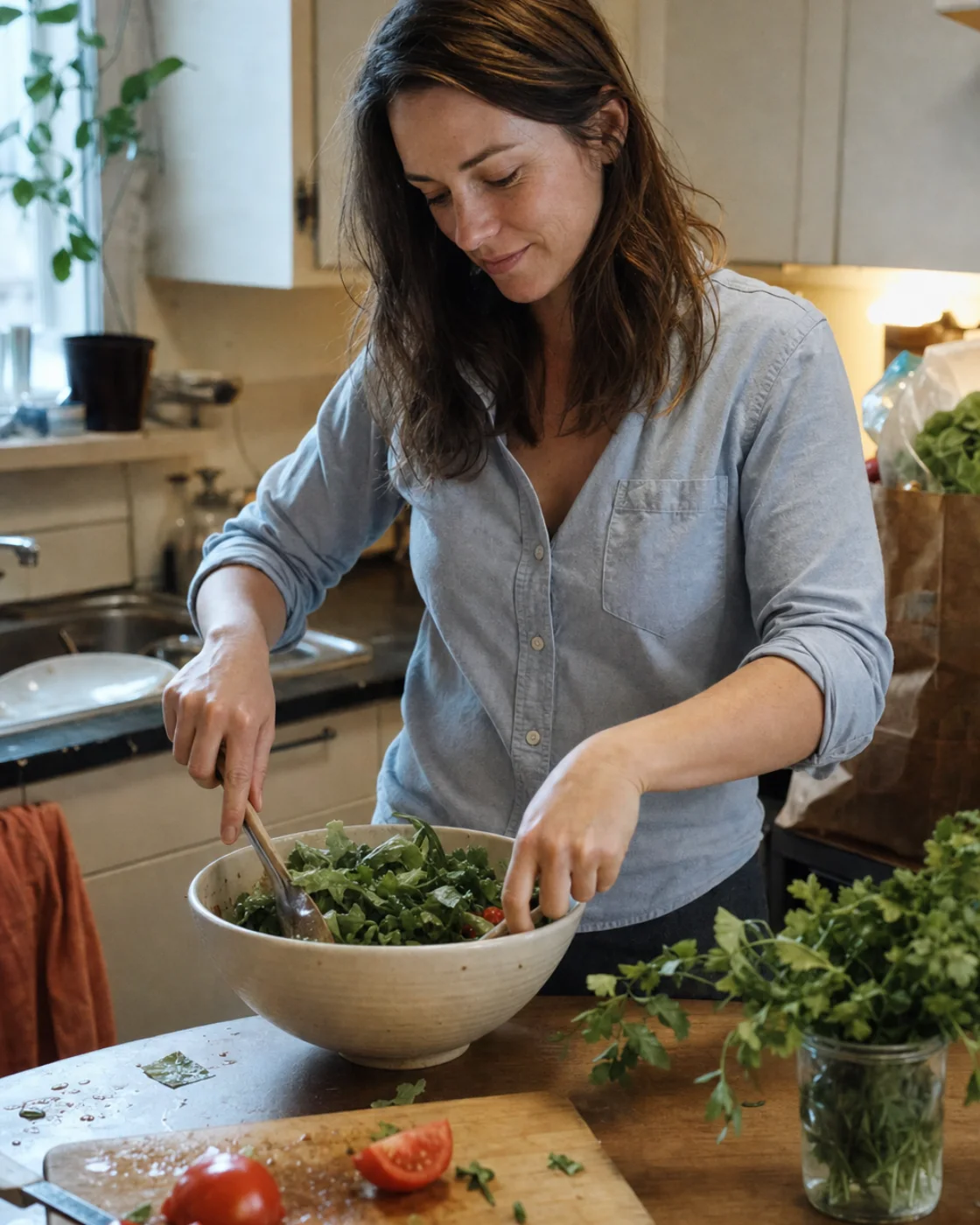 A woman in a blue shirt preparing a salad in her kitchen