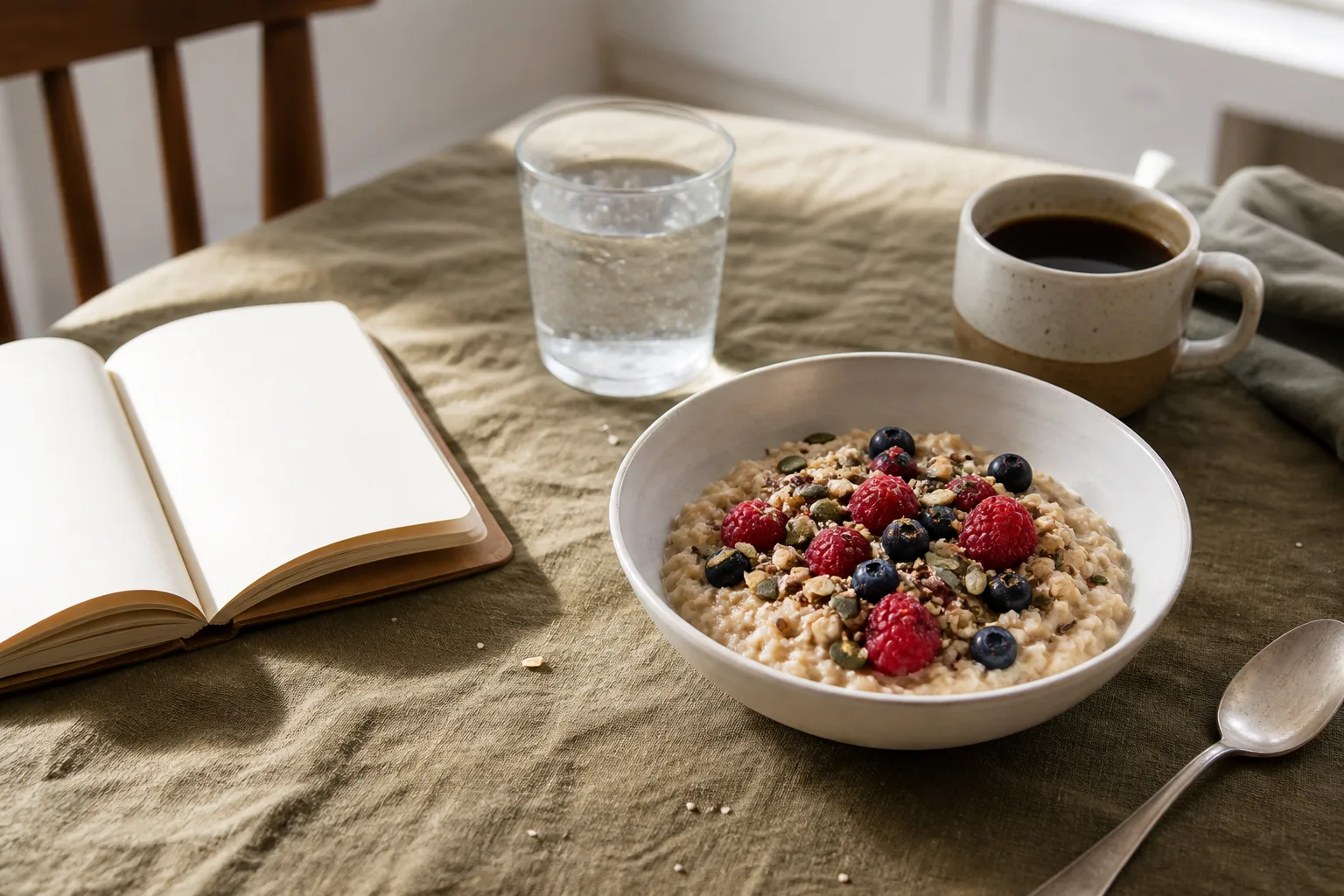 Oatmeal with berries, coffee, water, and a notebook on a morning table