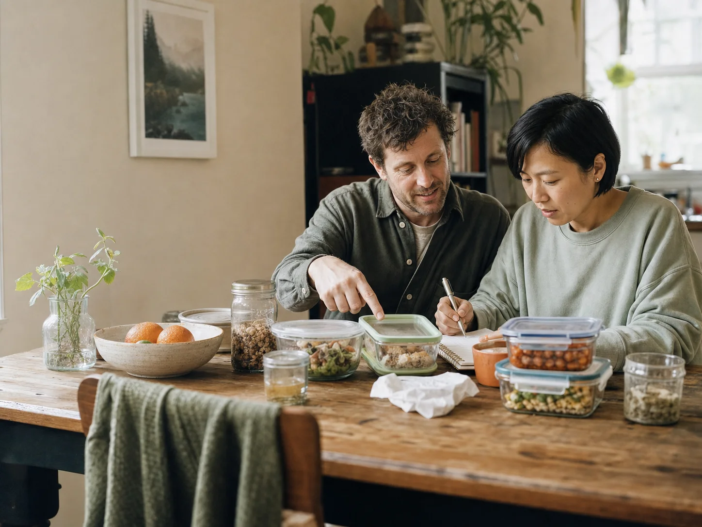 A weekly meal plan being written beside vegetables and pantry ingredients