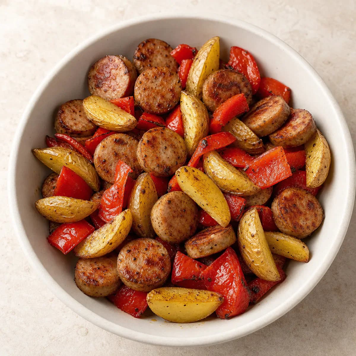 Air-fried chicken sausage, peppers, and potatoes served as one complete portion
