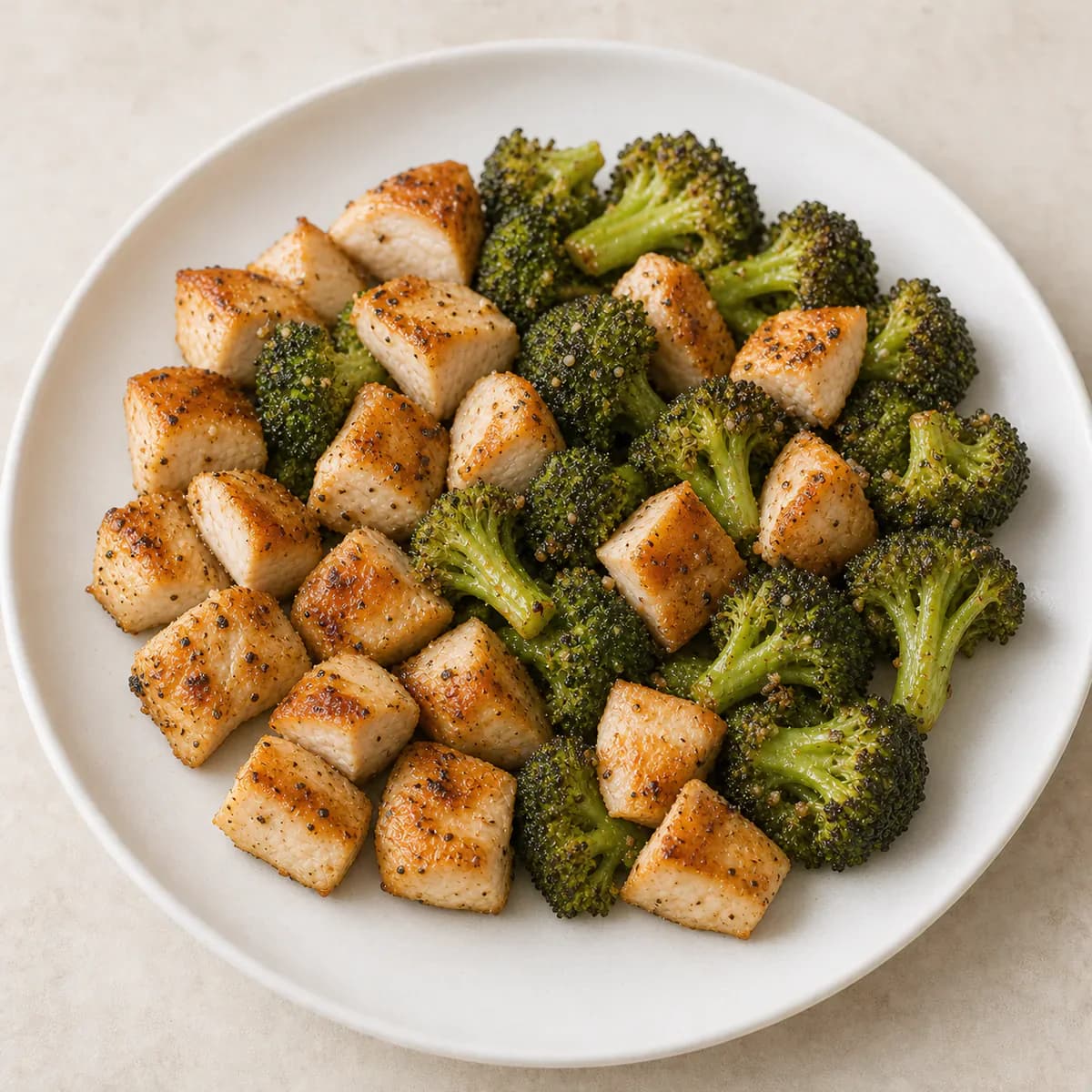 Garlic chicken breast pieces with broccoli served as one complete portion